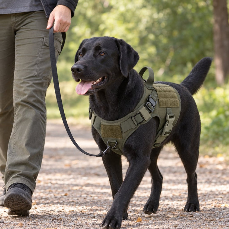 Black Labrador in an Olive Drab Green Team K9 Classic harness on a park path, with the leash clipped to the front D-ring