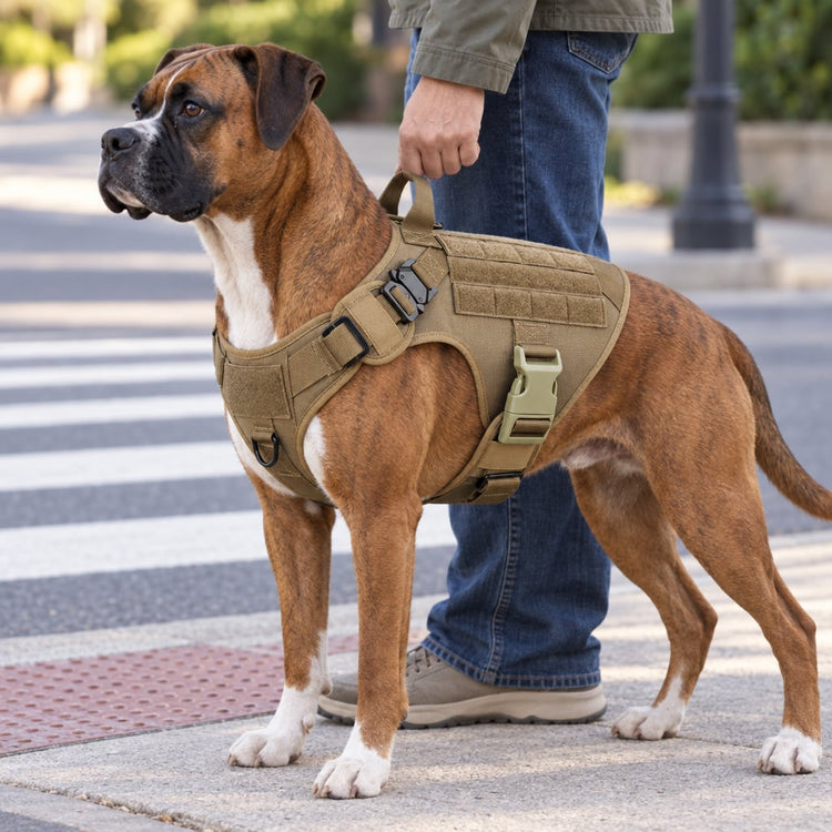 A hand on the top handle of a Desert Brown Team K9 Classic harness, holding a Boxer at a street crossing