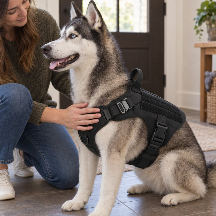 Owner kneeling beside a Siberian Husky in a K9 Black Team K9 Classic harness in an entry hall
