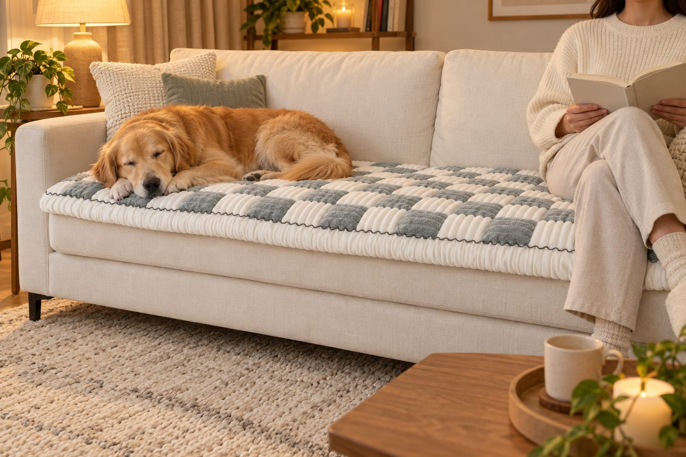 Golden Retriever asleep on a Gray Team K9 couch cover in a living room at evening while its owner reads at the other end of the sofa