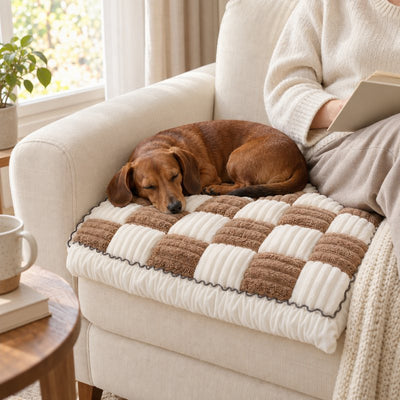 Dachshund asleep on a Brown Team K9 cover on an armchair
