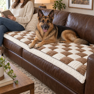 German Shepherd lying on a Brown Team K9 couch cover on a brown leather sofa