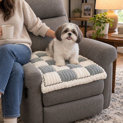 Shih Tzu sitting on a Gray Team K9 cover on a recliner