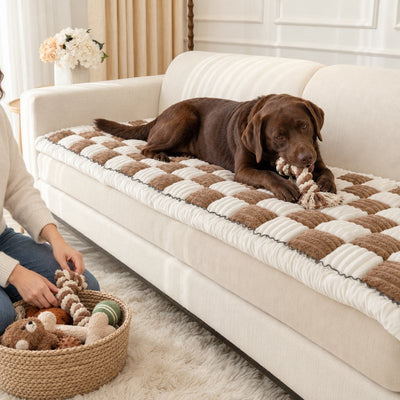 Chocolate Labrador chewing a rope toy on a Brown Team K9 couch cover
