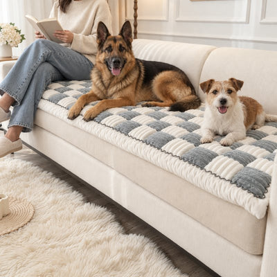 German Shepherd and a small terrier lying on a Gray Team K9 couch cover