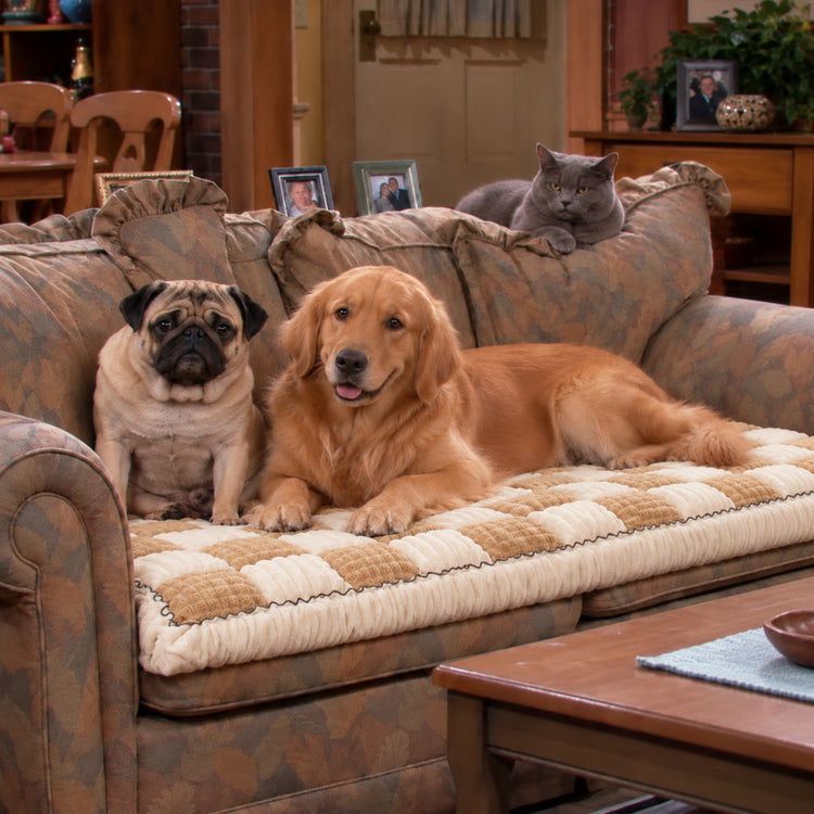 Two dogs on the Beige couch cover with a cat on the sofa back