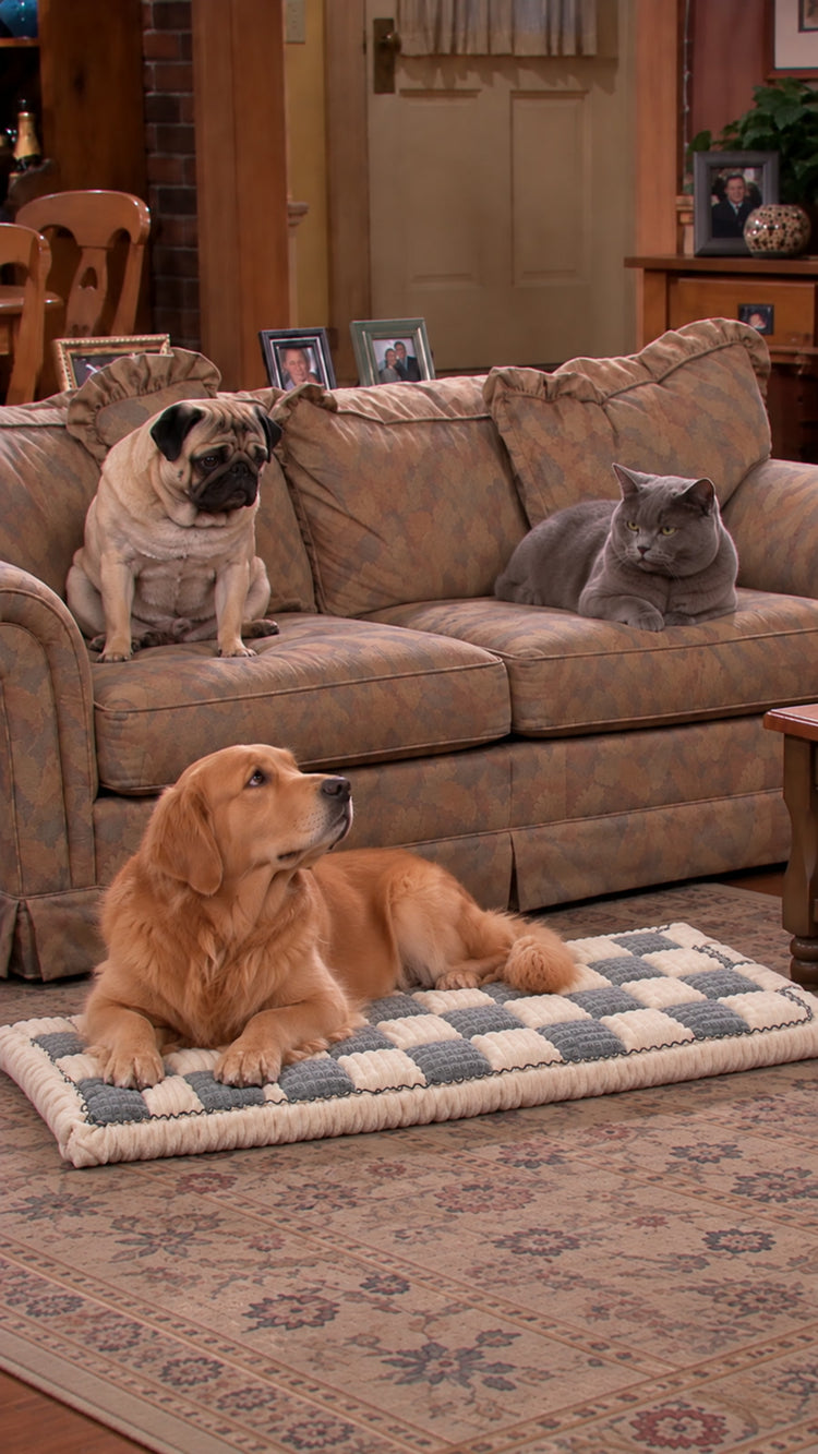 A dog resting on the cover as a floor bed beside a dog and cat on the sofa