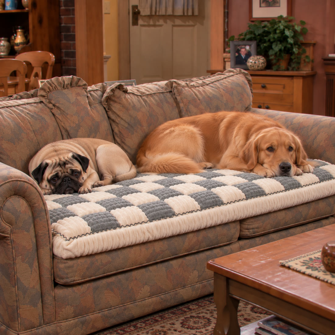 A pug and golden retriever settled on the Gray padded couch cover