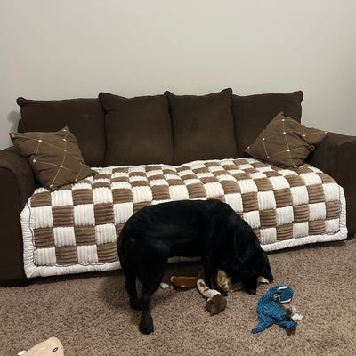 Customer photo from Michael C.: a black Lab with its toys beside a Brown Team K9 couch cover