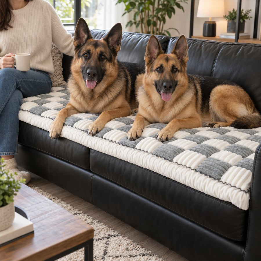 Two German Shepherds lying on a Gray Team K9 couch cover on a black leather sofa