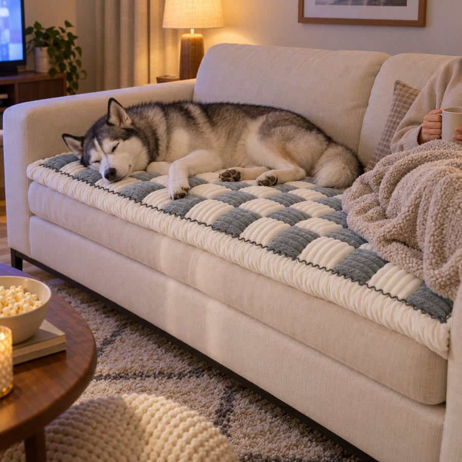 Husky asleep on a Gray Team K9 couch cover while its owner rests at the other end of the sofa
