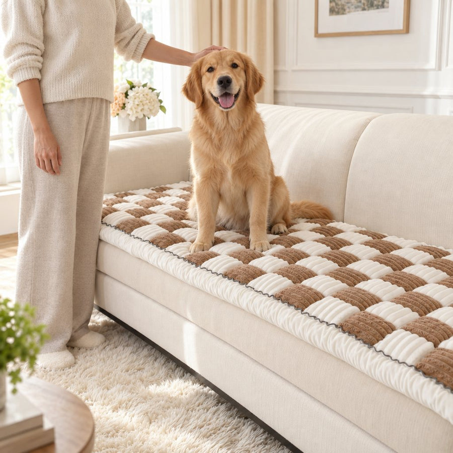 Golden Retriever sitting on a Brown Team K9 couch cover on a white sofa