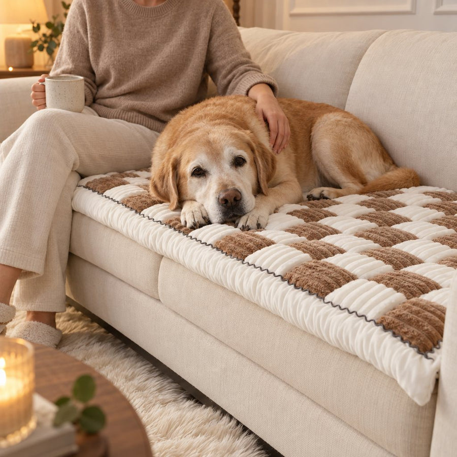 Senior Labrador with a grey muzzle resting on a Brown Team K9 couch cover beside its owner