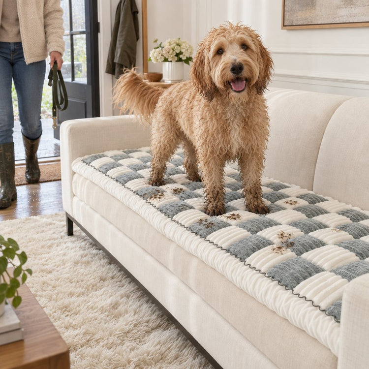 Shaggy doodle with muddy paws standing on a Gray Team K9 couch cover while the cream sofa around it stays clean