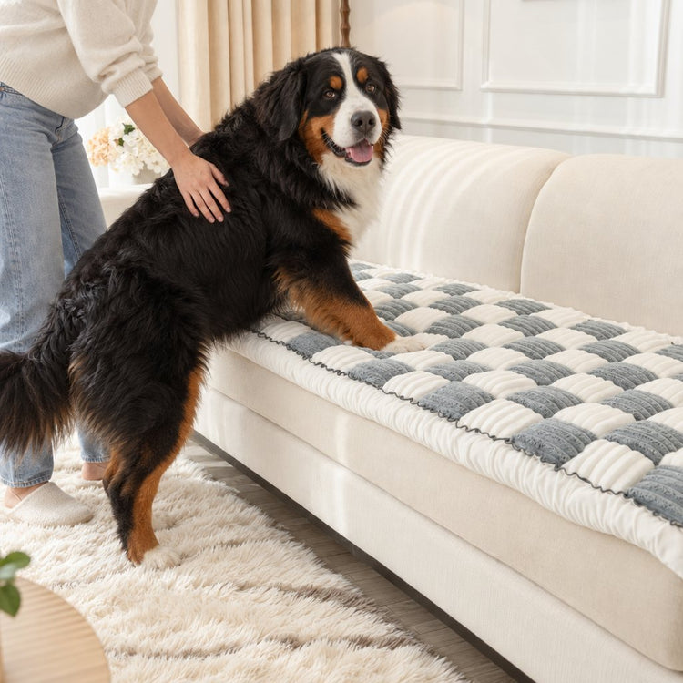 Bernese Mountain Dog climbing onto a sofa with its front paws on a Gray Team K9 couch cover that lies flat