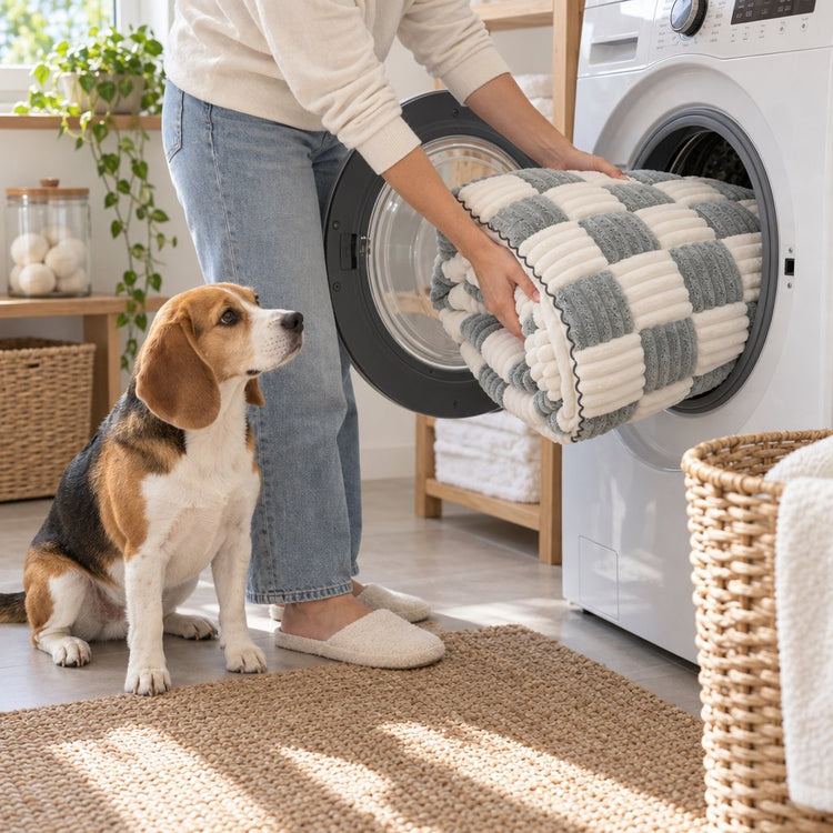 Hands loading a rolled Gray Team K9 couch cover into a washing machine while a Beagle watches