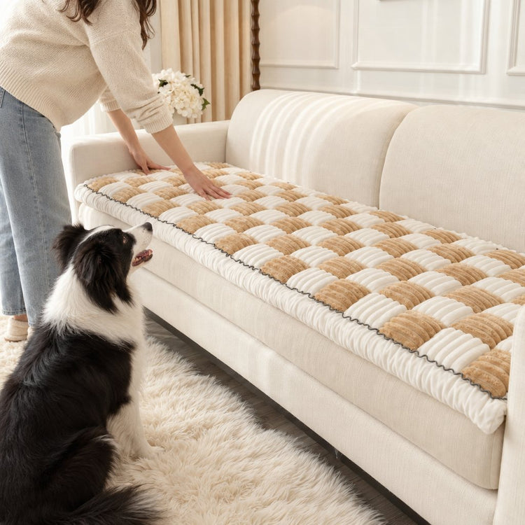 Hands laying a Beige Team K9 couch cover flat on a sofa seat while a Border Collie waits