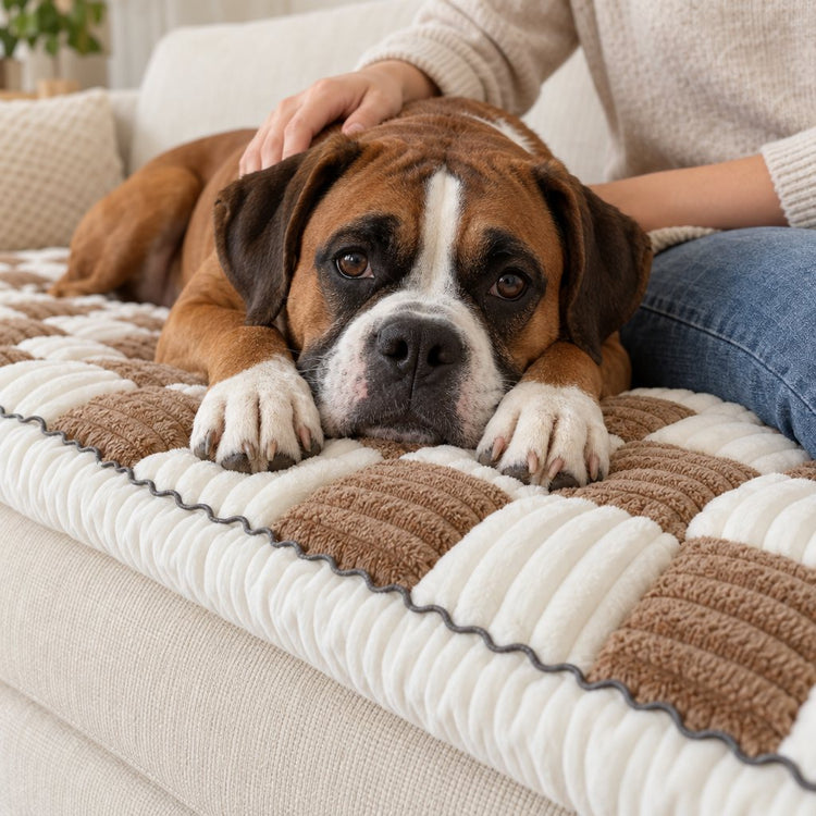 Boxer resting its chin between its front paws on a Brown Team K9 couch cover