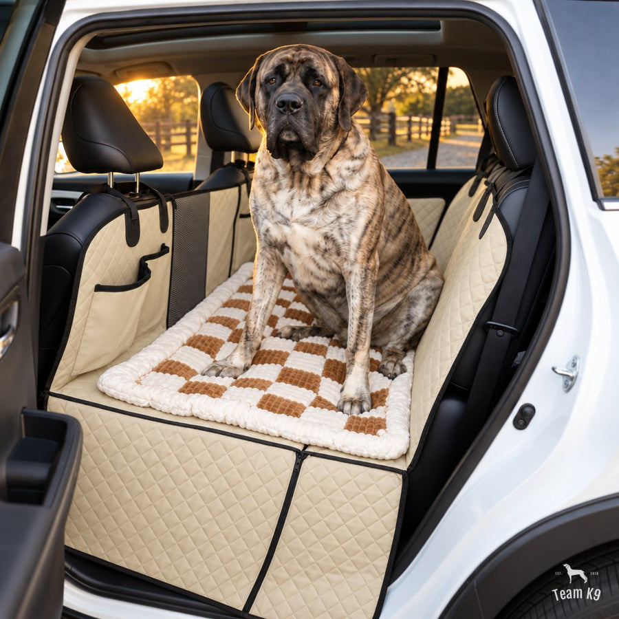 Mastiff sitting on the plush bed on the hard bottom seat cover in an SUV