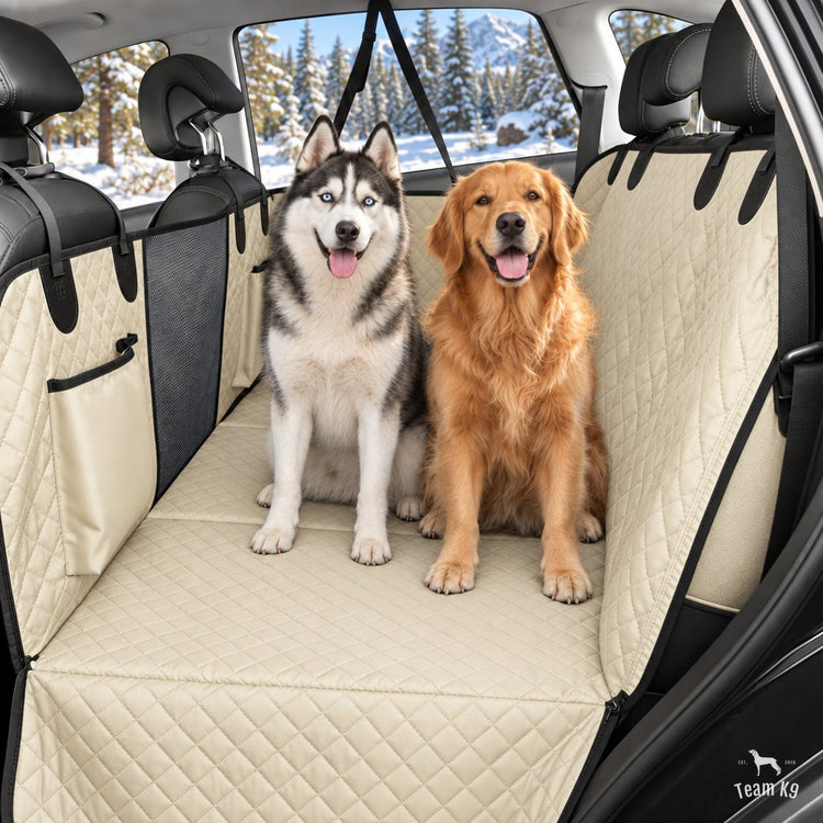 Husky and golden retriever sitting side by side on the seat cover