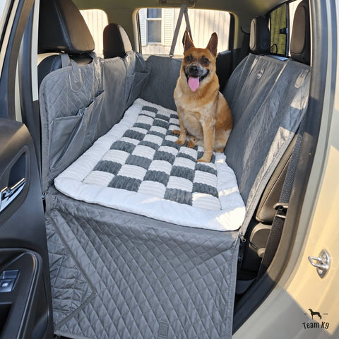 Dog sitting on the plush bed on the gray seat cover