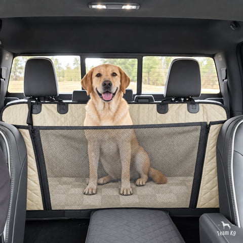 Labrador behind the mesh window of the beige seat cover
