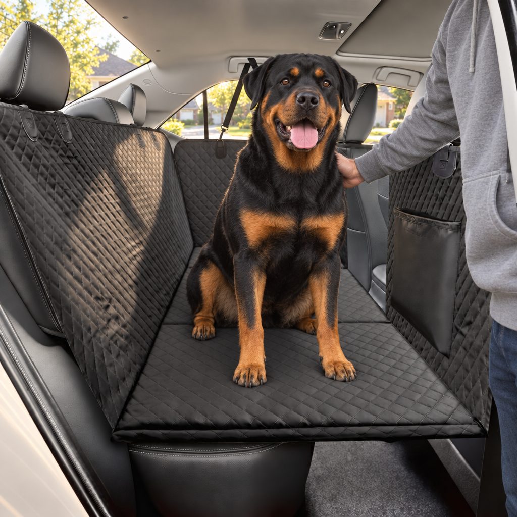 Dog riding on a Team K9 hard bottom seat cover in the back seat