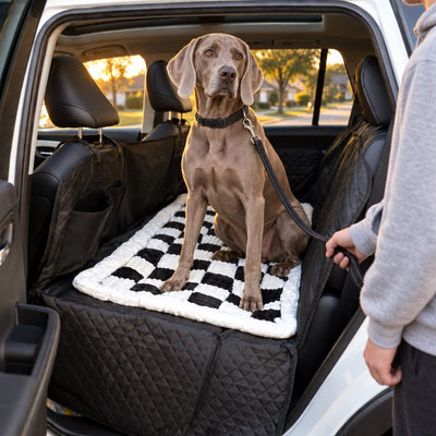 Weimaraner sitting on the plush bed on the black seat cover