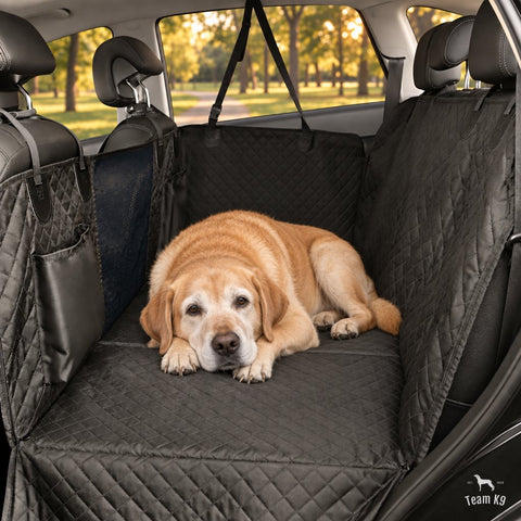 Senior Labrador resting on the black seat cover