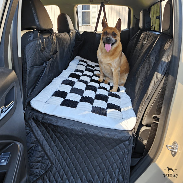 Dog sitting on the plush bed with the seat cover side flap covering the door