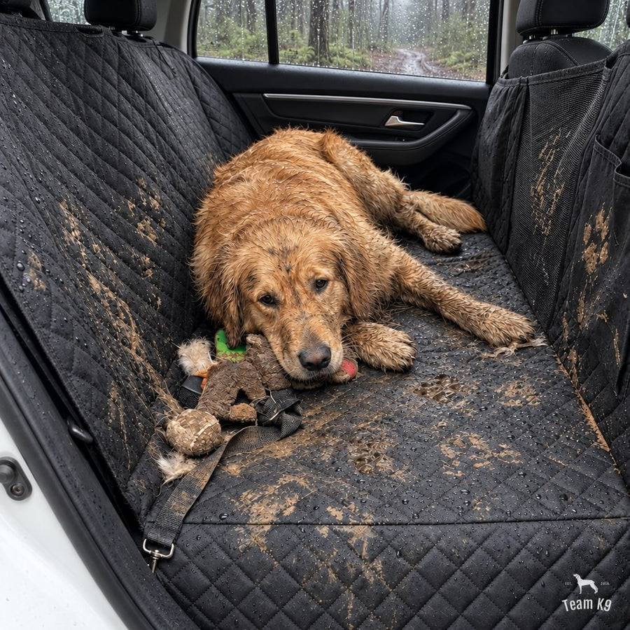 Muddy golden retriever lying on the waterproof seat cover on a rainy day
