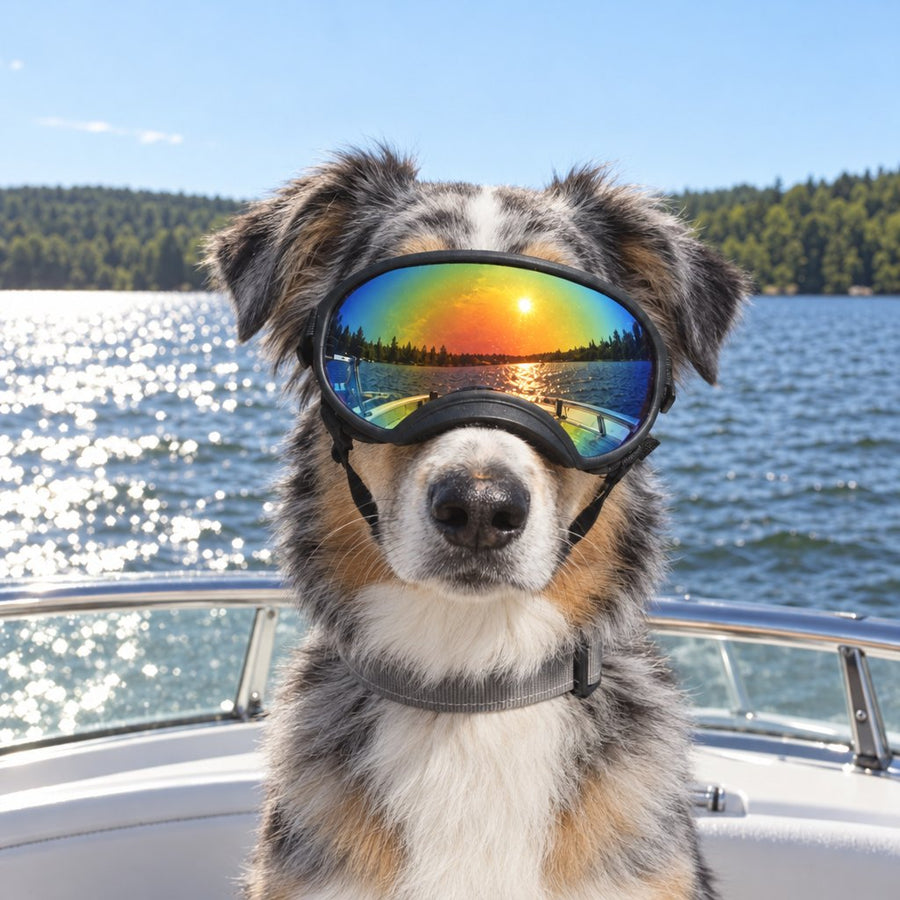 Australian Shepherd wearing Team K9 Dog Goggles on the deck of a boat on a sunny lake