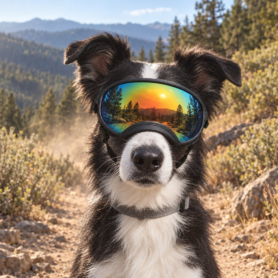 Border Collie wearing Team K9 Dog Goggles on a dusty mountain trail