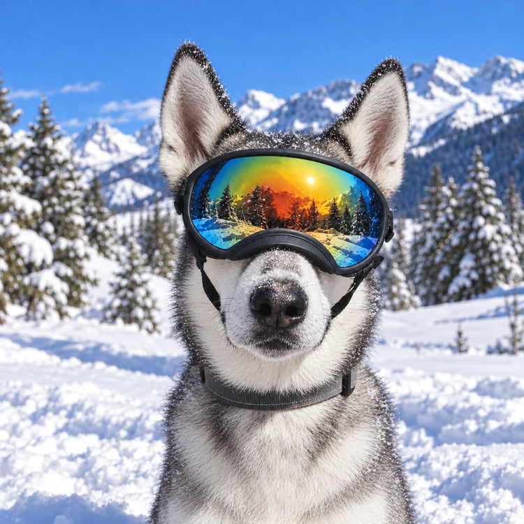 Siberian Husky wearing Team K9 Dog Goggles in bright mountain snow