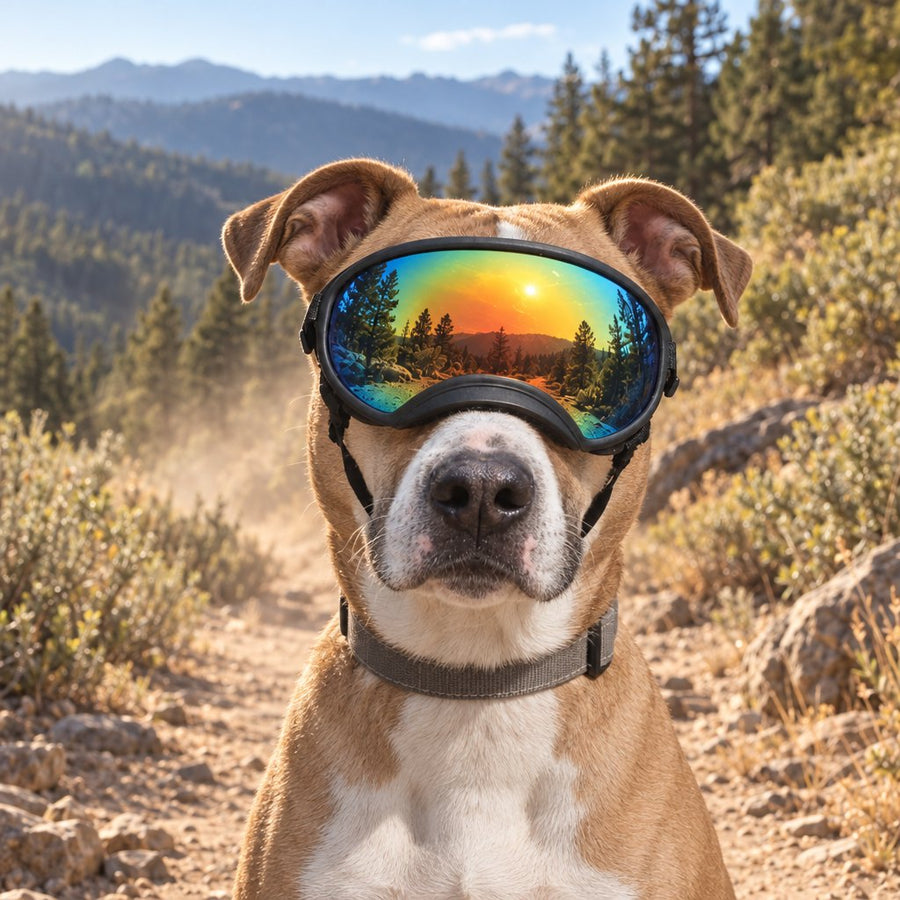 Pit Bull mix wearing Team K9 Dog Goggles on a dusty mountain trail