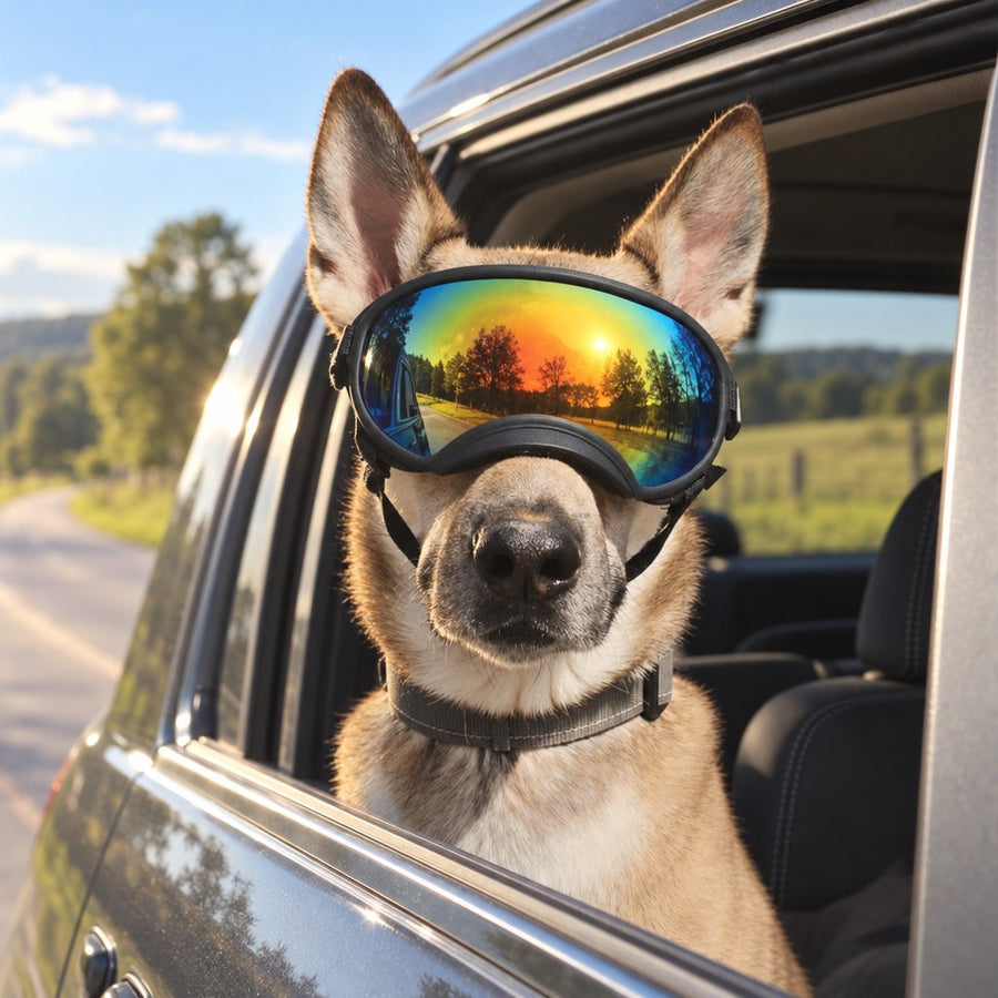 German Shepherd wearing Team K9 Dog Goggles with its head out of an SUV window on a country road