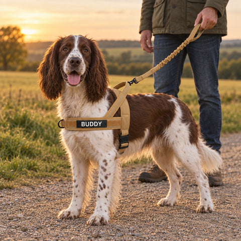 Springer Spaniel in a medium lightweight harness