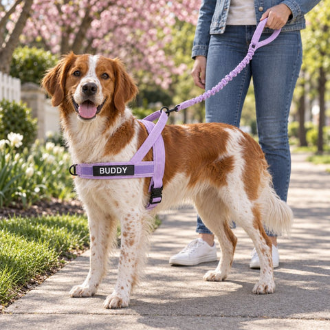Brittany in a small lightweight harness