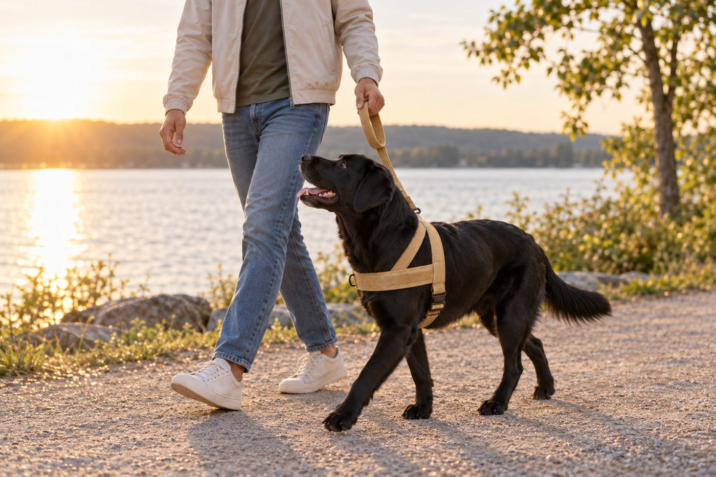 Black Labrador in a Desert Brown lightweight harness looking up at its owner on a lakeside path at sunset