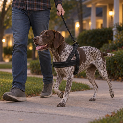 German Shorthaired Pointer in a K9 Black lightweight harness on an evening walk beside its owner