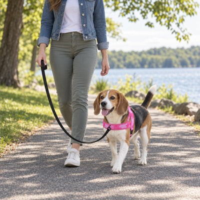 Beagle in a small Pink Camo lightweight harness walking with the leash on the front clip beside a lake