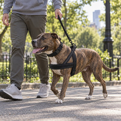 Brindle pit bull mix in a K9 Black lightweight harness with the matching tactical collar and bungee leash