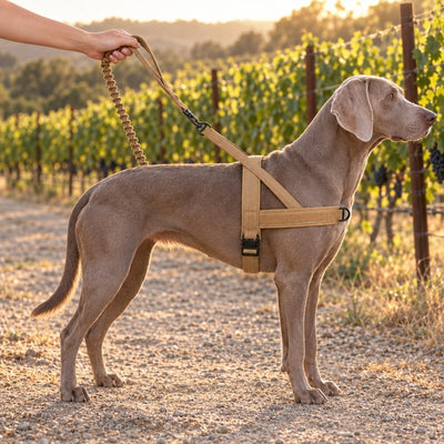 Weimaraner in a Desert Brown lightweight harness on the matching bungee leash beside a vineyard