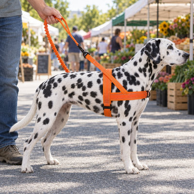 Dalmatian in a Blaze Orange lightweight harness on the matching bungee leash at a street market