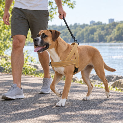 Boxer mix in a Desert Brown lightweight harness on a morning walk by a river