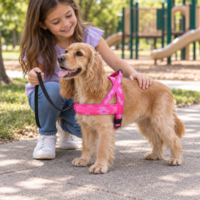 Cocker Spaniel in a small Pink Camo lightweight harness beside a girl who holds its leash in a park