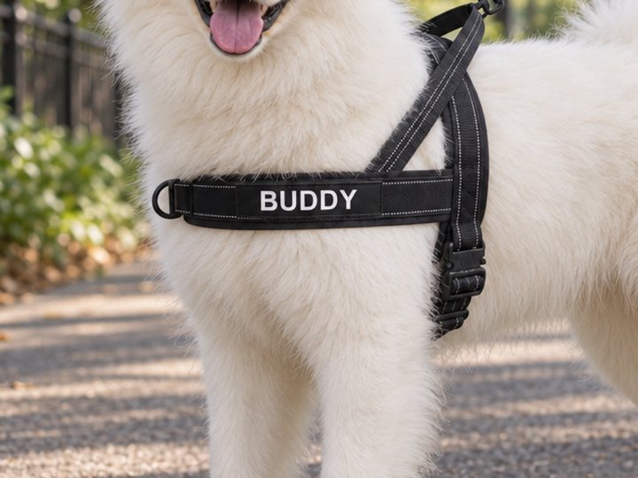 Close view of a K9 Black lightweight harness on a Samoyed, with a name patch on its chest strap