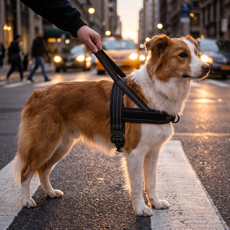 Hand holding the top handle of a K9 Black harness on a red and white Border Collie at a city crosswalk
