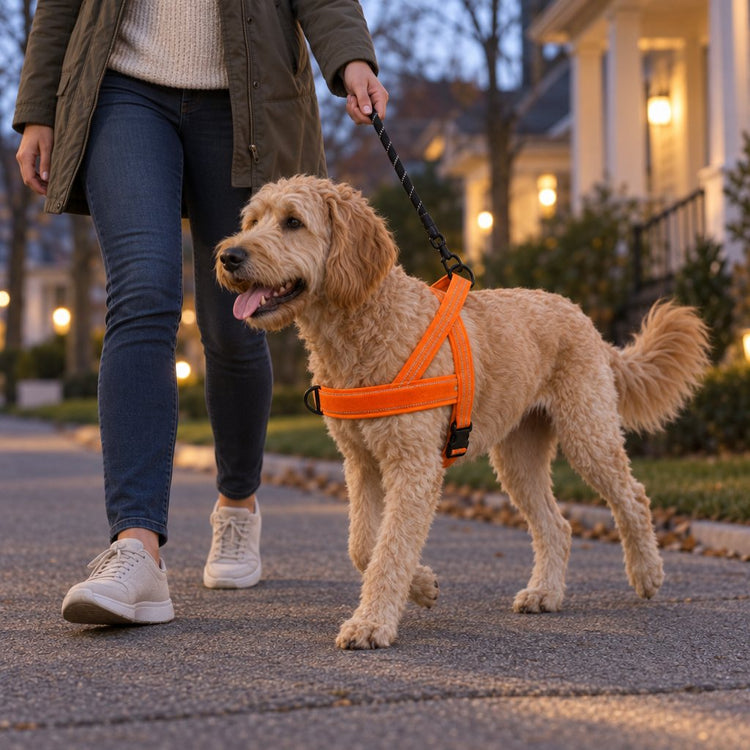 Goldendoodle on an evening walk in a Blaze Orange harness, with the reflective stitching on its straps catching the light