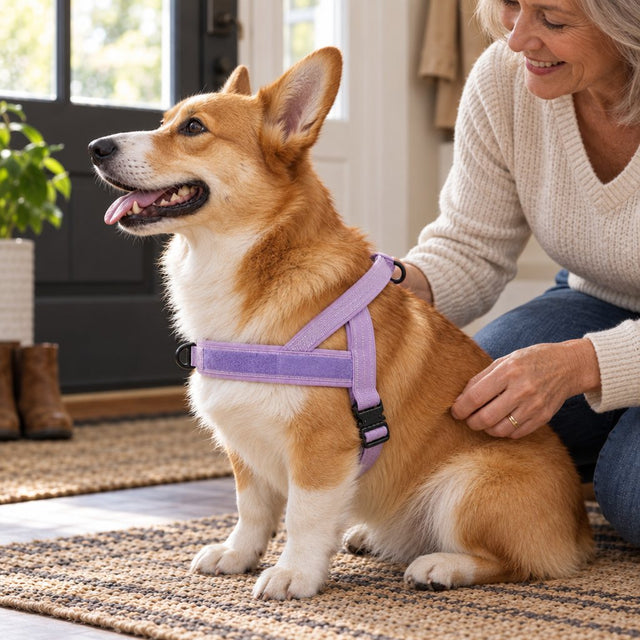 Owner kneeling beside a Corgi in a Lavender harness by the front door, with its single buckle on the rear strap